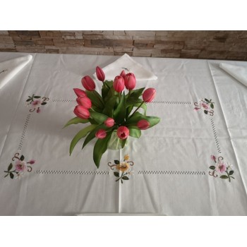 Elegante Tovaglia x6 misto lino con ricamo punto pieno a mano 135x175 cm