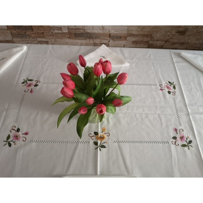 Elegante Tovaglia x6 misto lino con ricamo punto pieno a mano 135x175 cm