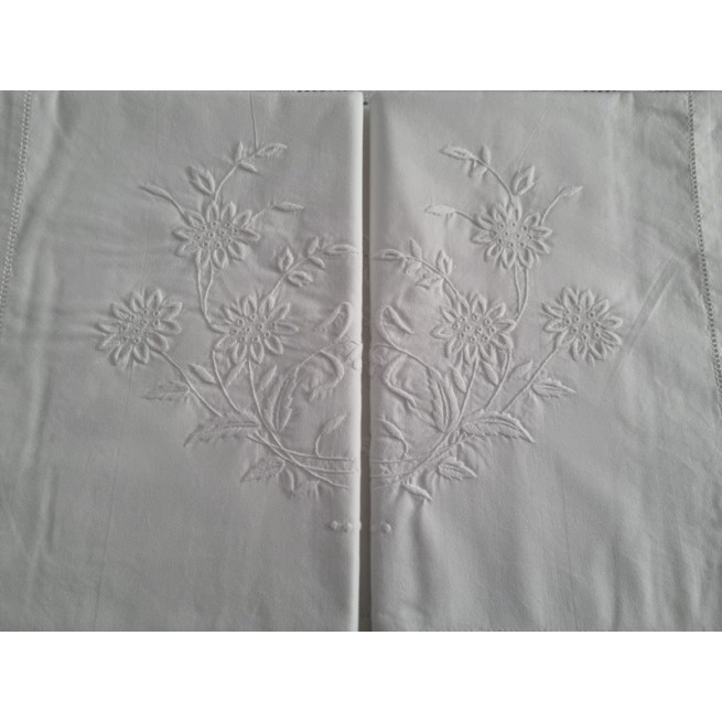 Spettacolare Lenzuolo Cotone Percalle ricamo Punto Pieno a mano Sheet handmade